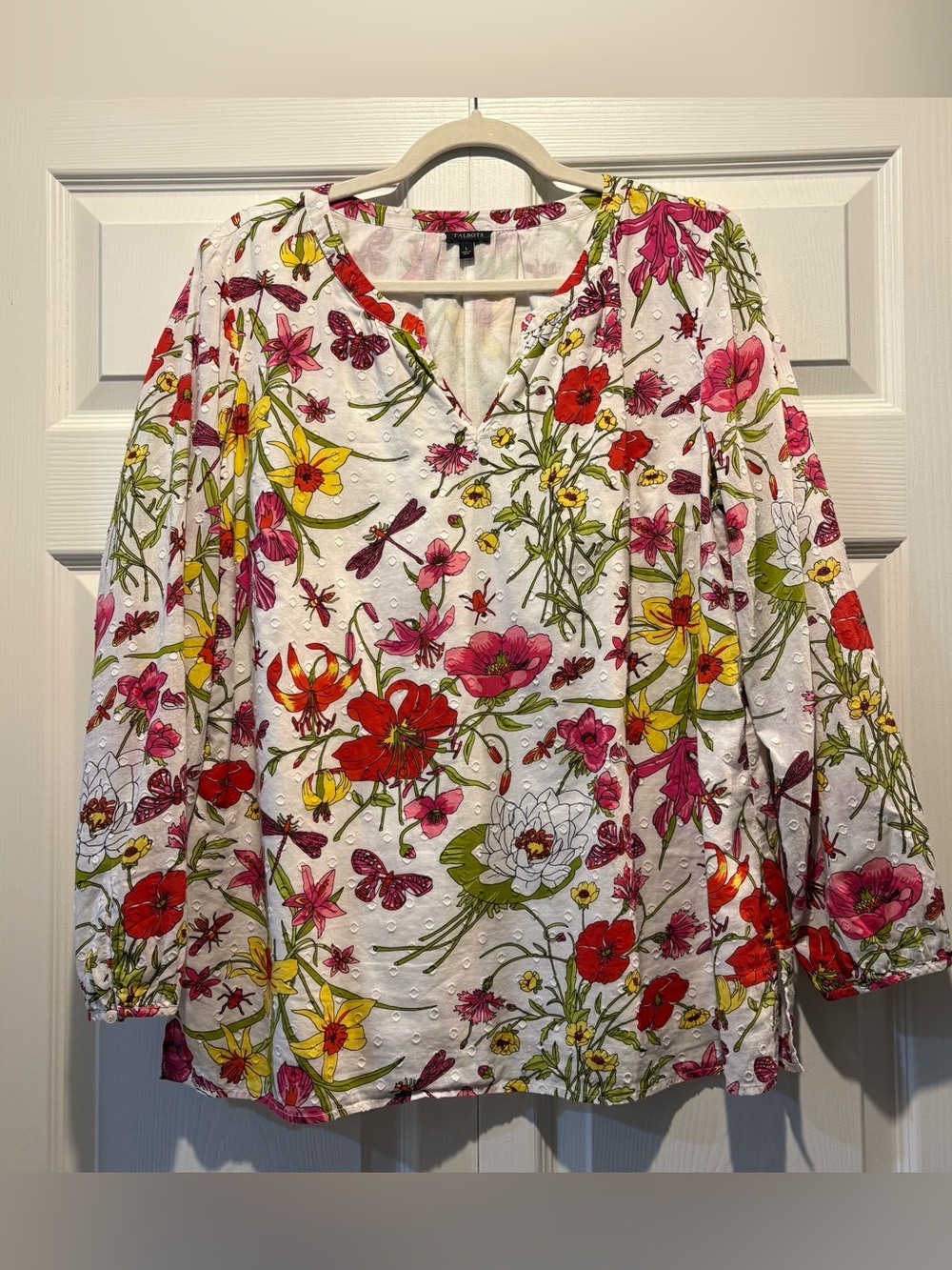 Talbots Swiss Dotted Floral Tunic Top Blouse Cotton Lined Flowy Wildflower Sz L